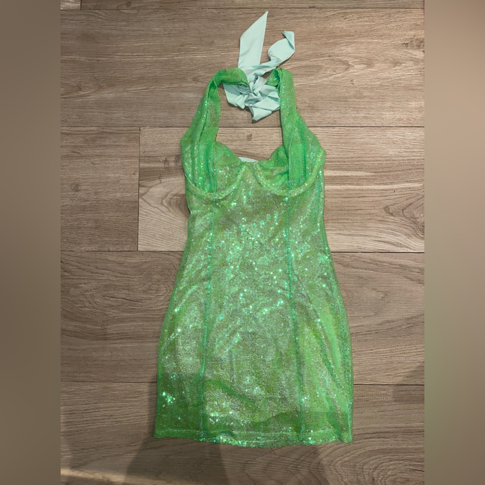 Lucy in the Sky Lorie Sequin Halter Bodycon Dress in Green NWOT